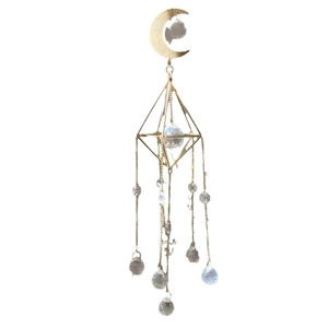 Golden moon geometric crystal suncatcher with hanging prisms for window decor