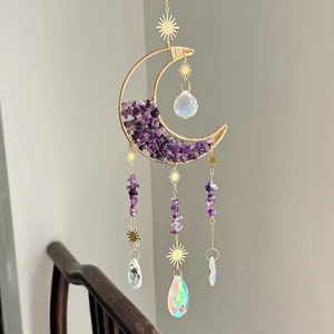 Amethyst Crystal Suncatcher Moon Sun Hanging Decoration Metal Wire Wrapped Rainbow Maker Wind Chime Window Decor Boho