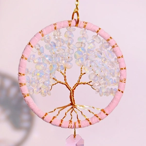 Pink velvet tree of life crystal suncatcher with opal leaves and faceted crystal drop
