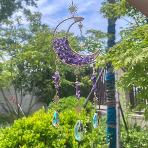 Bohemian purple crystal moon suncatcher with golden frame and hanging prisms