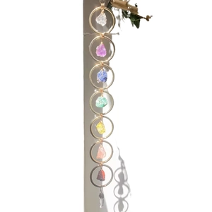 Seven chakra crystal wall hanging with raw stones and white quartz point on a white wall