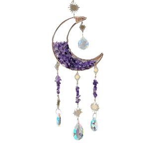 Golden moon suncatcher with purple amethyst crystals and sparkling iridescent prisms