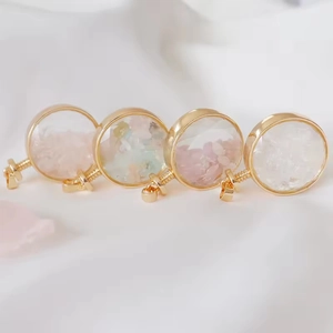Golden round perfume bottle pendant necklaces with crystal stones and dried flowers