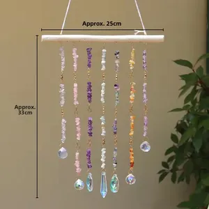 Detail showing dimensions of natural colorful crystal suncatcher with wooden stick