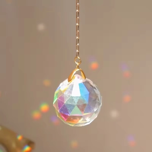 Hanging golden moon mushroom cat suncatcher with colorful faceted K9 crystal ball prism