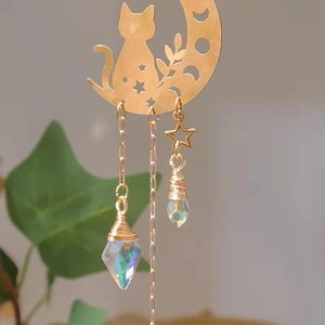 Golden moon and cat suncatcher with rainbow crystal prism for garden window decor