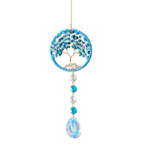 Attrape-soleil arbre de vie en cristal avec pierres bleues et pendentifs prismes
