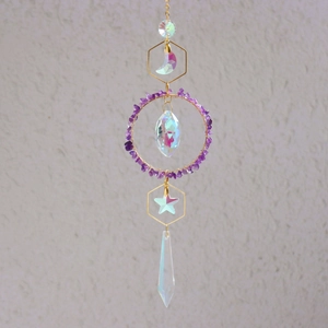 Golden moon suncatcher with purple amethyst stones and rainbow crystal prism pendant