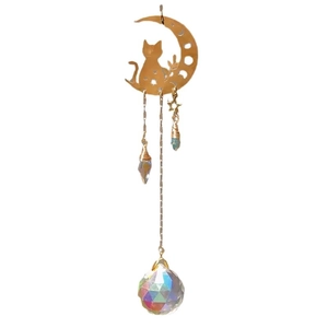 Golden moon and cat suncatcher with crystal prisms for garden and window decoration