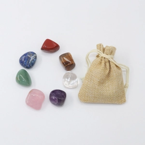Polished natural crystal set with seven tumbled stones and drawstring burlap pouch