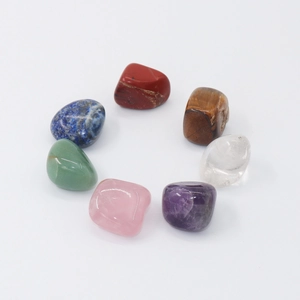 Set of seven polished natural raw crystals including amethyst and quartz in a circle