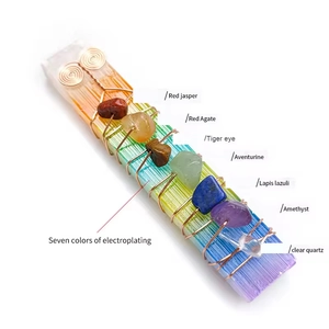 Satin spar wand with wire-wrapped seven chakra healing crystals on white background