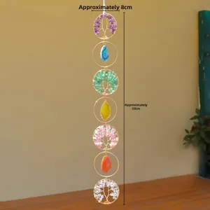 Macro detail of handmade Tree of Life wall hanging with 7 chakra crystals and 59cm chain