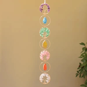 Vertical seven chakra tree of life wall hanging with natural crystal stones and metal rings