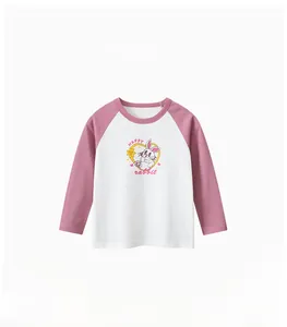 Detail of long sleeve girls t-shirt featuring a cute cartoon rabbit and raglan sleeves