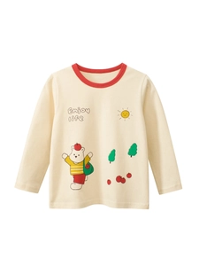 T-shirt À Manches Longues En Coton Pour Filles Imprimé Ours De Dessin Animé Col Rond Rouge Haut Décontracté