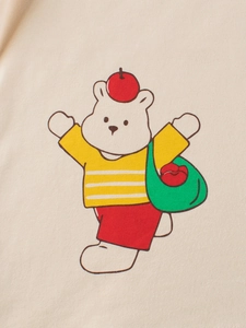 T-shirt pour enfants en maille beige à manches courtes avec motif d'ours et pomme