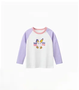 Detail view of long-sleeve cotton toddler t-shirt with bunny print and purple raglan sleeves