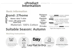 Detail view of 100% cotton girls long sleeve t-shirt fabric specifications and care labels