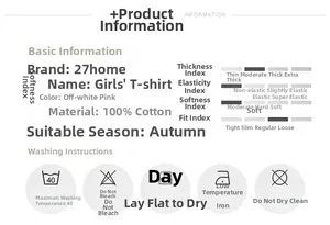Guide des tailles et d'entretien pour t-shirt filles en coton rose crème à manches longues