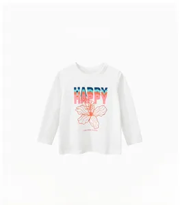 Detail of girls' white long-sleeve cotton T-shirt featuring HAPPY text and orange flowers