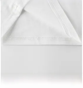 Detailed macro view of the double-needle hem stitching on white cotton long-sleeved t-shirt