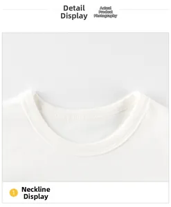 Detailed close-up of the ribbed crew neck on a white cotton long-sleeve T-shirt for girls