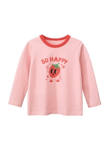 T-Shirt à Manches Longues pour Filles Fraise Dessin Animé 100% Coton Douceur Col Rond Contrasté Enfants Automne Printemps