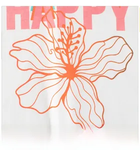 Detail of white cotton kids long sleeve shirt with orange hibiscus flower and happy text