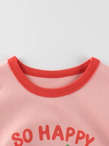 T-shirt rose en coton à manches longues pour filles avec imprimé SO HAPPY et col rond rouge