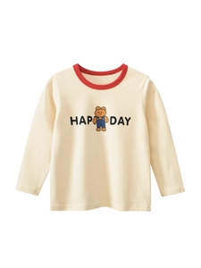 Girls Long Sleeve T-Shirt Cotton Contrast Crew Neck Cartoon Bear Print Happy Day Casual Autumn Top