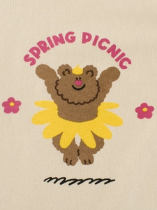 T-shirt filles manches longues beige avec motif ours mignon et imprimé Spring Picnic