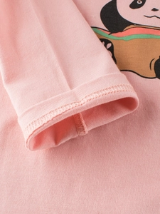 Pink toddler girls long sleeve cotton T-shirt with cute panda print close-up