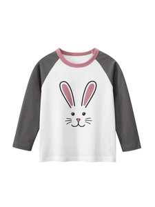 Maglietta a Maniche Lunghe Raglan in Cotone 100% per Bambine Stampa Coniglio Cartone Animato Colore a Contrasto Top Casual Coreano