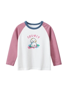 T-Shirt A Maniche Lunghe Da Ragazza In Puro Cotone Maniche Raglan Stampa Cane Cartone Animato Colori A Contrasto Girocollo