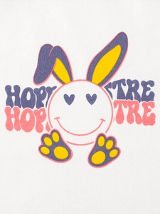 White cotton toddler T-shirt featuring a cute smiling bunny print and HOP TRE lettering