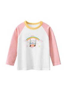 T-Shirt Manches Longues En Coton Pour Filles Imprimé Ours Arc-En-Ciel Raglan Couleur Contrastée Haut Automne