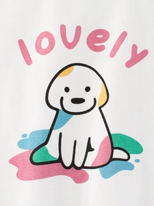 T-shirt bianca a maniche lunghe da bambina con cucciolo disegnato a mano e scritta Lovely