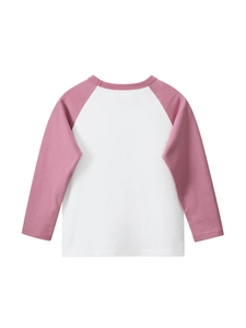 Back view of minimalist long sleeve cotton raglan T-shirt for kids in pink and white