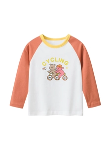 T-Shirt À Manches Longues Pour Filles 100 Pour Cent Coton Raglan Couleur Contrastée Col Rond Ours Dessin Animé Cyclisme Haut Décontracté