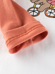 T-shirt manches longues fille imprimé ours avec poignets à double surpiqûre orange corail