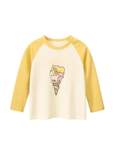 T-Shirt À Manches Longues Pour Bébé Fille En Coton Imprimé Chat Dessin Animé Crème Glacée Manches Raglan Col Rond