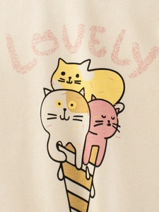 T-shirt à manches longues pour filles en beige avec chats mignons et motif crème glacée