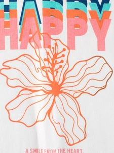 White cotton long-sleeve T-shirt for girls featuring a colorful HAPPY graphic and floral print
