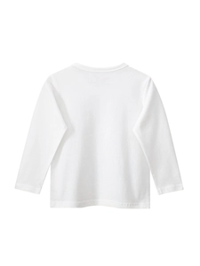 Basic minimalist white long sleeve cotton T-shirt with round neck, flat lay back view
