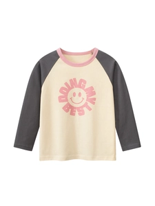 T-Shirt À Manches Longues Pour Filles En Pur Coton Manches Raglan Dessin Animé Sourire Imprimé Vêtements D'Automne