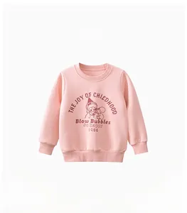 Detail of pink cotton sweatshirt for girls with vintage cartoon print and ribbed cuffs