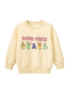 Sweatshirt Décontracté pour Filles Imprimé Ours de Dessin Animé Doublé en Polaire Abricot Mélange de Coton Haut à Manches Longues