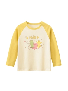 Mädchen Herbst Langarm Raglan T-Shirt Reine Baumwolle Cartoon Bär Druck Kontrastfarbe Casual Rundhals Top Für Kinder