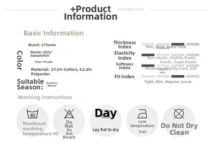Size chart and material specs for purple fleece hoodie with 37.2% cotton and 62.8% polyester